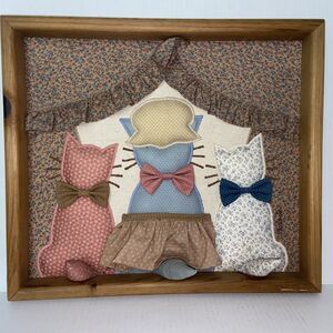 Vtg. Valorie Folk Art Appliqué Calico Cats Dimensional Framed Picture 14x16